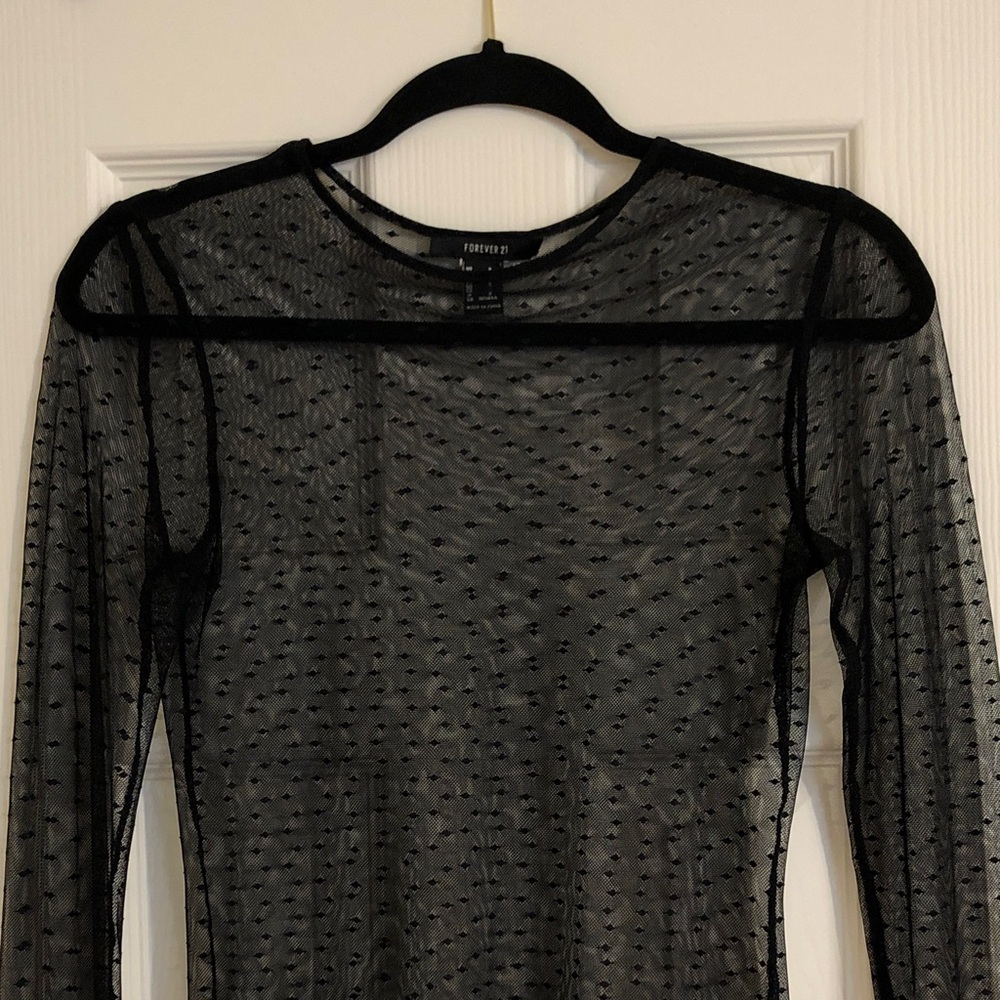 Forever 21 Black Sheer Mesh Dot Long Sleeve Top